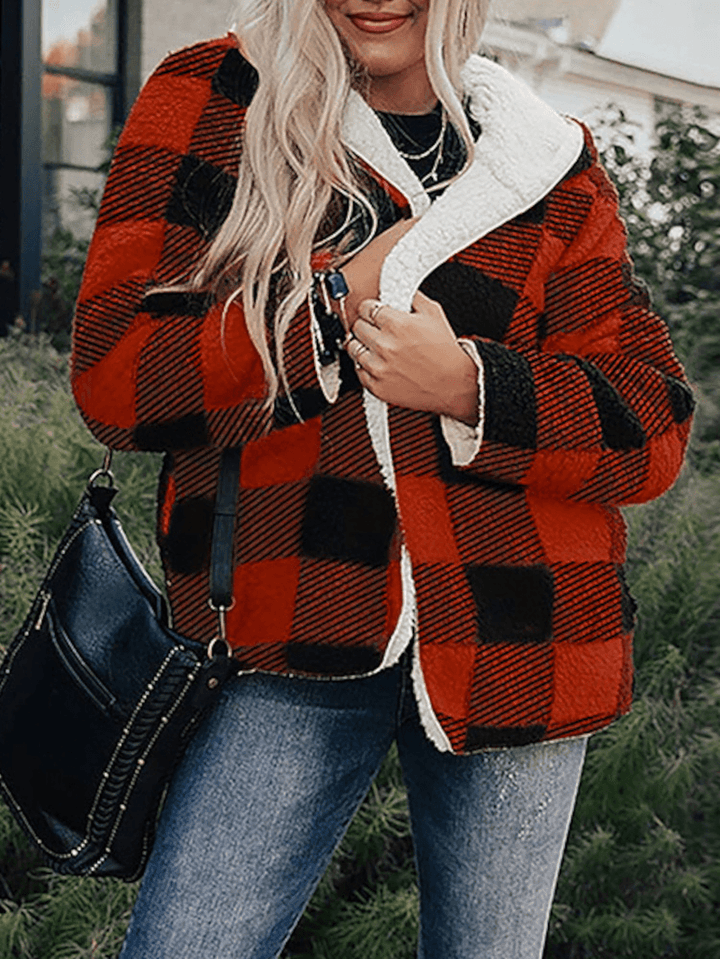 Women Plaid Fleece Hood Long Sleeve Warm Casual Hooded Sweatshirt