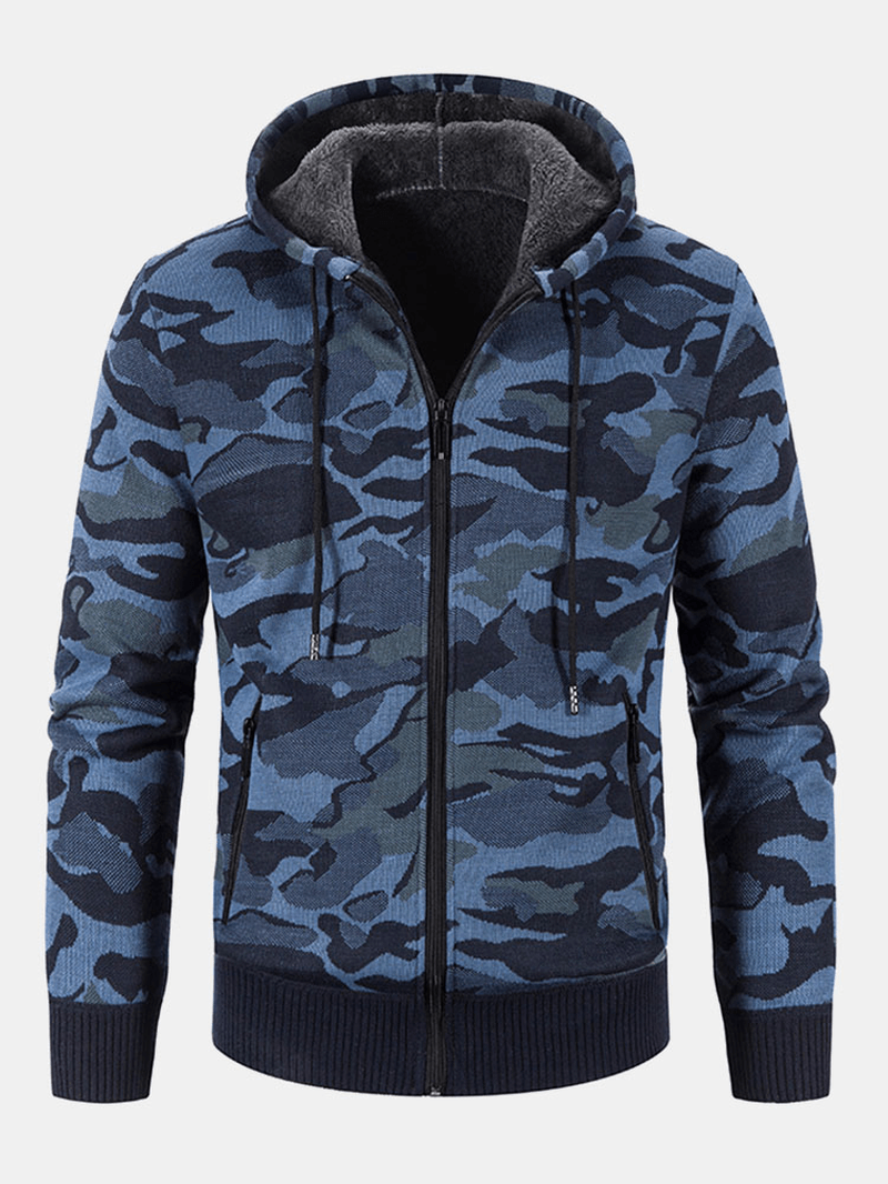 Mens Cotton Camo Printed Plush Lined Zipper Slant Pockets Jackets