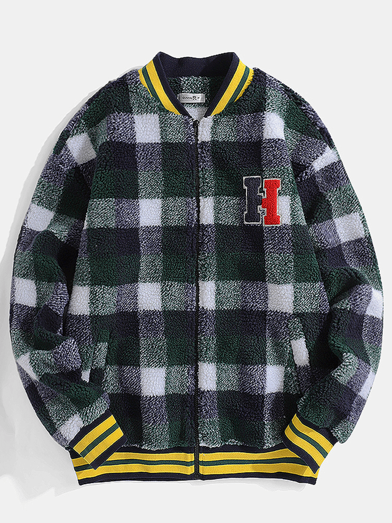 Mens Plush Plaid Letter Applique Patched Baseball Collar Zipper Jacket