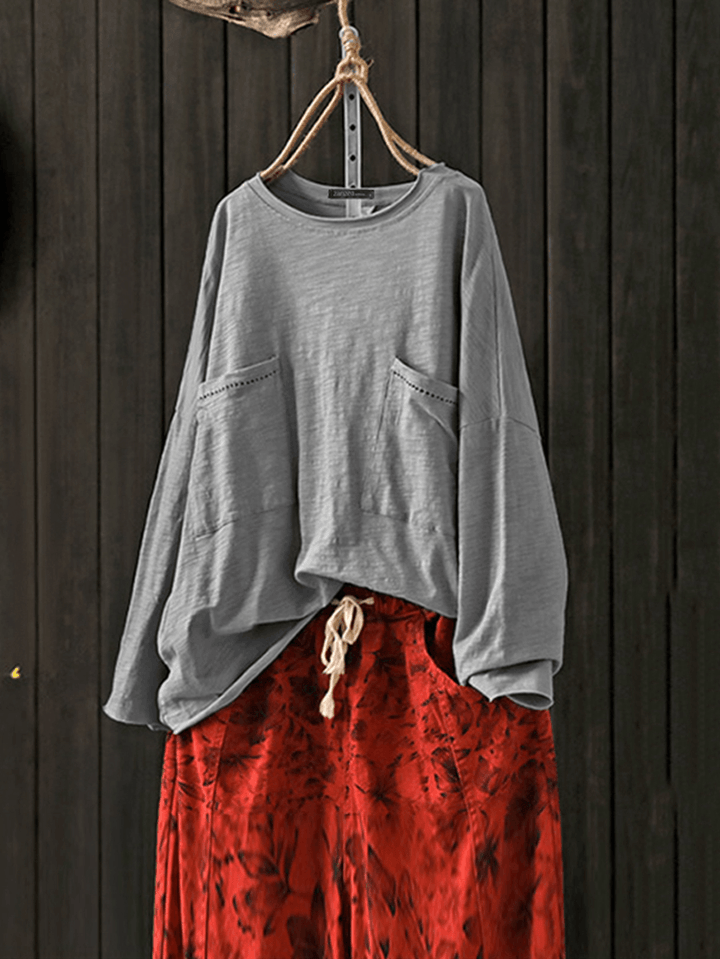 Women Crew Neck Pockets Blouse Casaul Loose Shirt