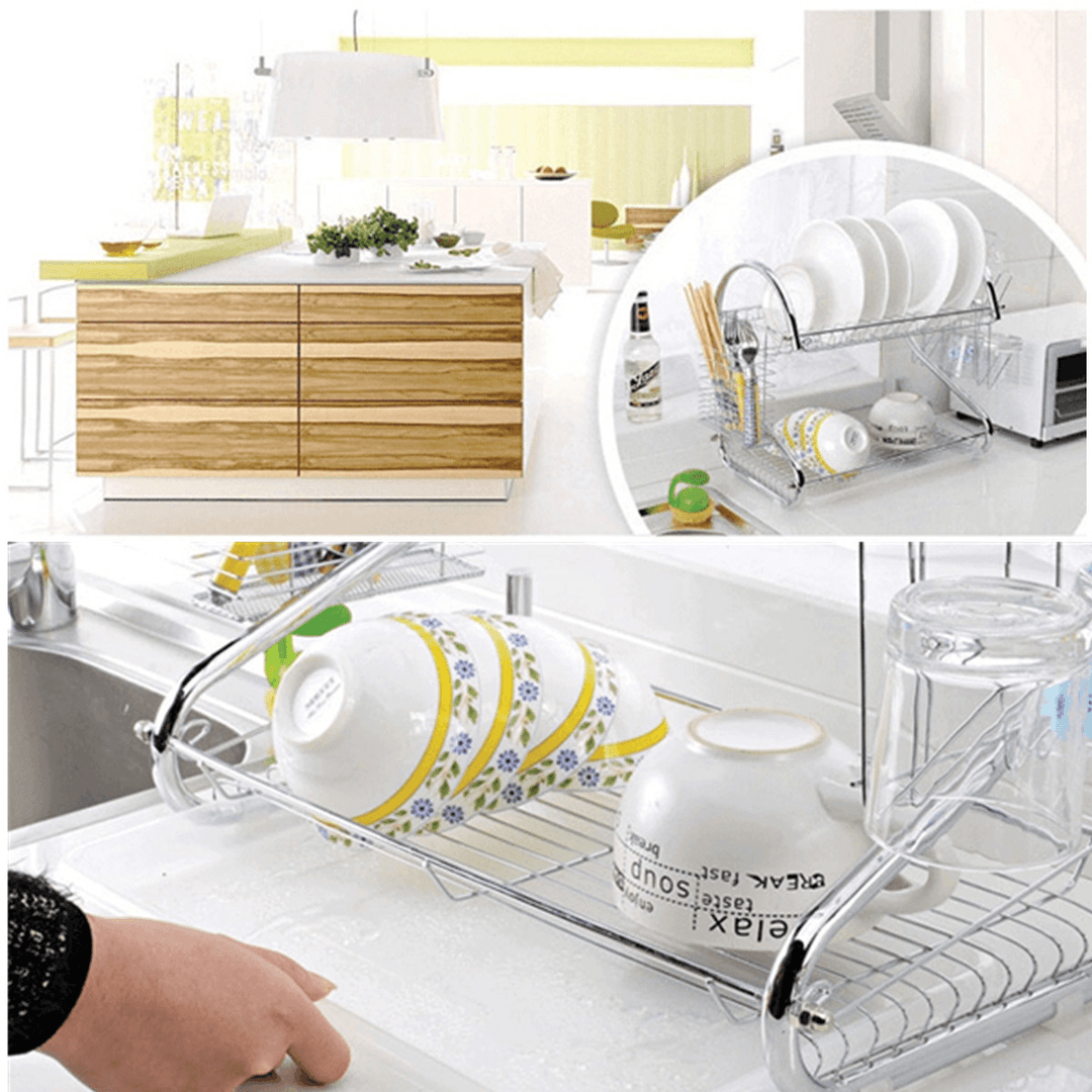 Multifunction 2 Tier Kitchen Dish Cutlery Drainer Rack Drip Tray Plate Holder Drain Shelf