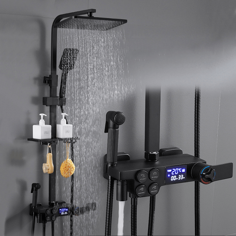 Thermostatic Digital Shower Set Faucet Bathroom Shower System Black Gold Shower Faucet Square Shower Head Bath Shower System - MRSLM