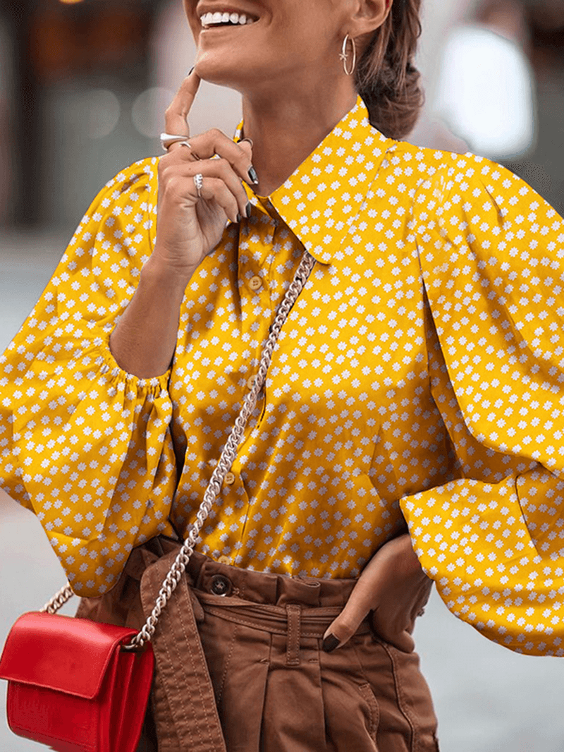 Women Ditsy Floral Printed Lapel Casual Lantern Sleeve Shirts - MRSLM