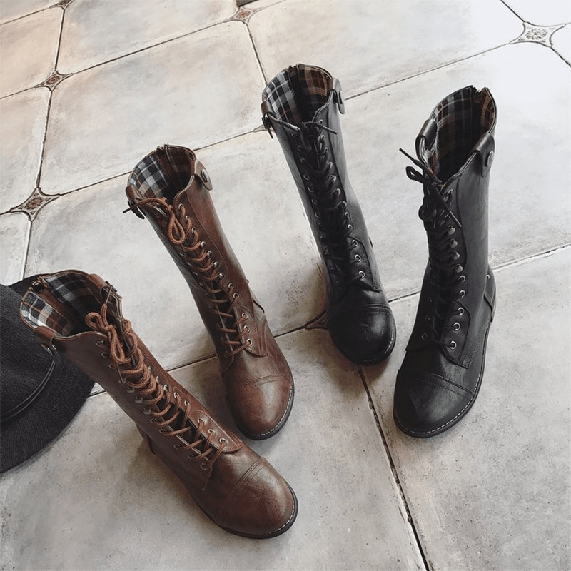 Womens Motorcycle Warm Lace up Winter Casual Mid Calf Boots