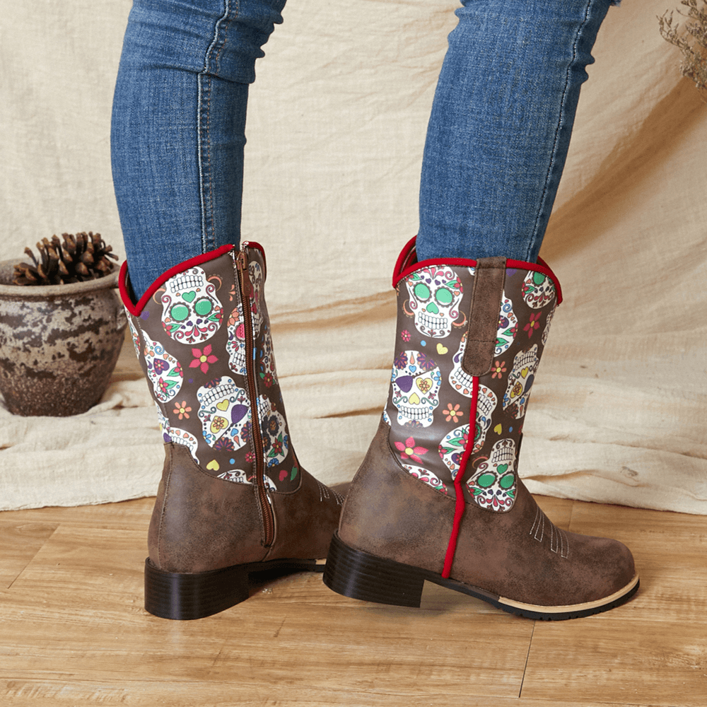 Women Retro Flower Printing Pointed Toe Zipper Mid-Calf Cowboy Boots