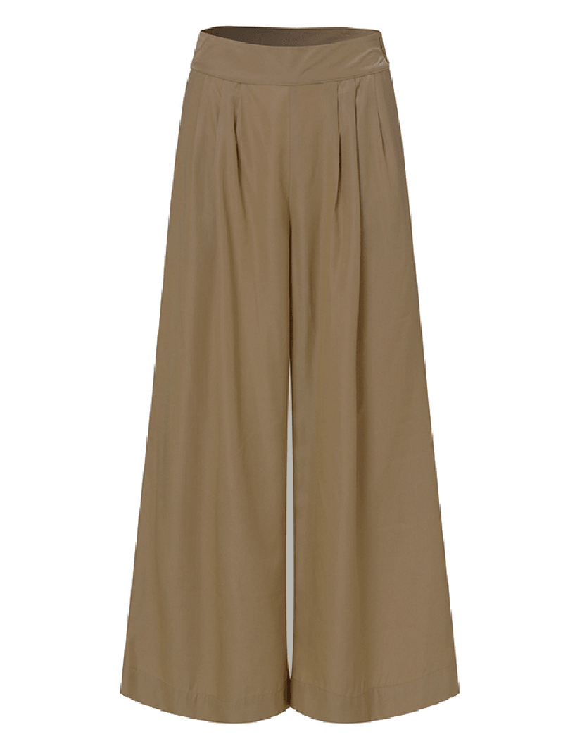 Women Solid Color Side Button Zipper Pocket Loose Casual Wide Leg Pants