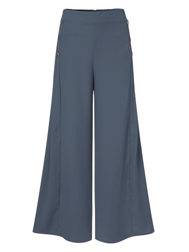 Women's Solid Color Side Button Elastic Waist Loose Casual Wide Leg Pants with Pocket