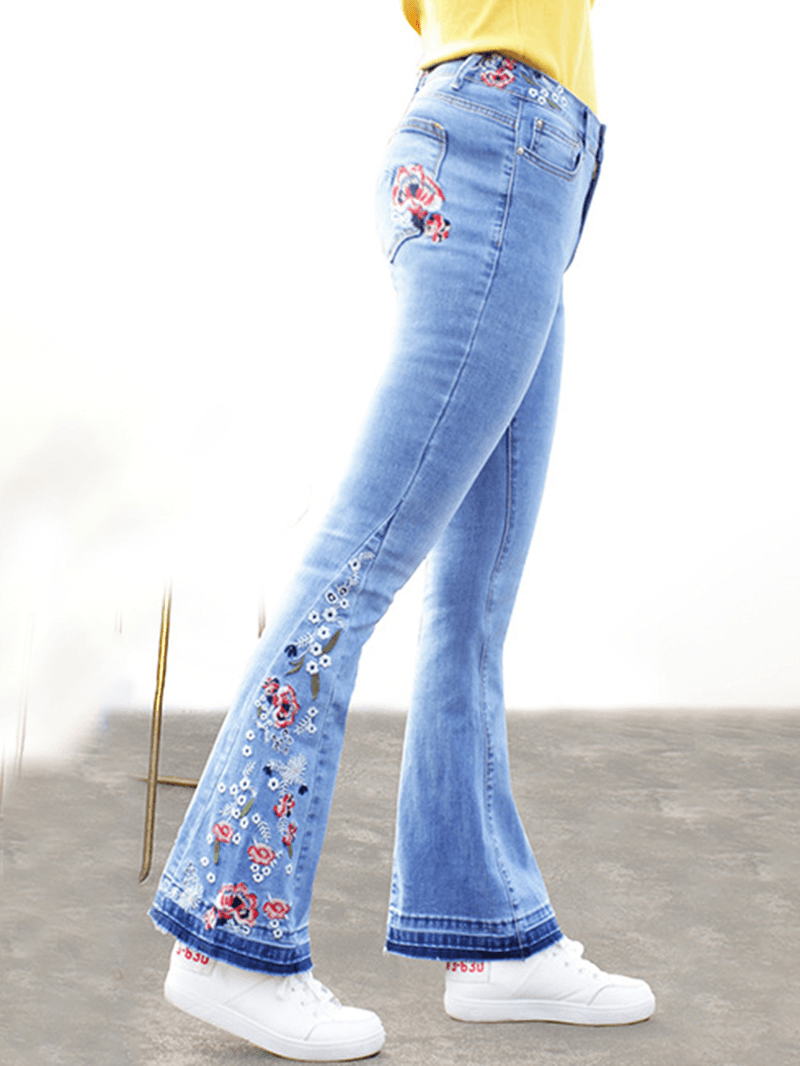 Floral Embroidered High Waist Denim Flared Pants