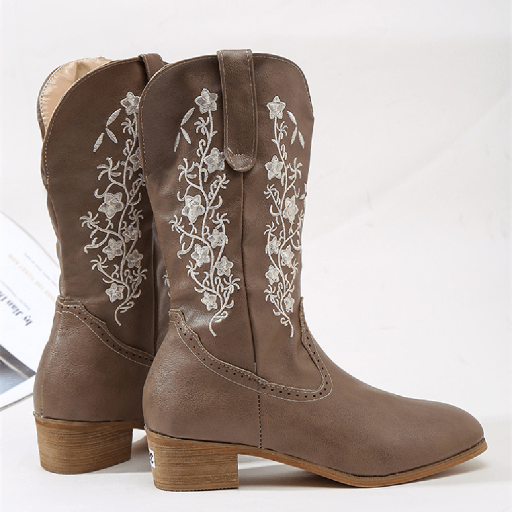 Retro Flowers Square Toe Slip on Mid-Calf Block Heel Cowboy Boots for Women