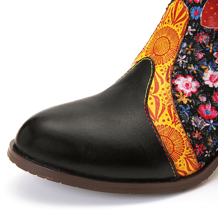 Women Retro Leaf Flower Leather Comfy Zipper Ankle Boots