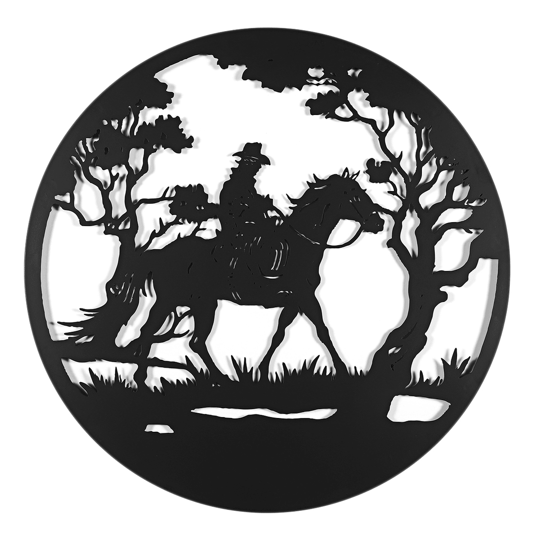 Man Riding Horse in Forest round Black Metal Wall Hanging Art Decoration Room