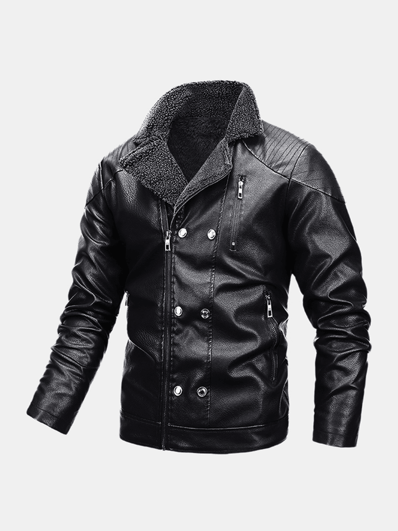 Mens Multi Pocket Zipper Button Long Sleeve Warm PU Leather Biker Jacket