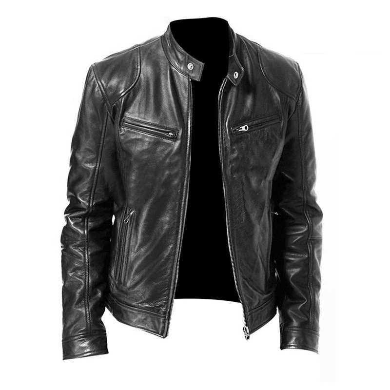 Men'S Zip Cardigan PU Leather Jacket with Stand Collar