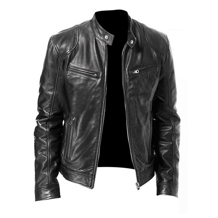 Men'S Zip Cardigan PU Leather Jacket with Stand Collar