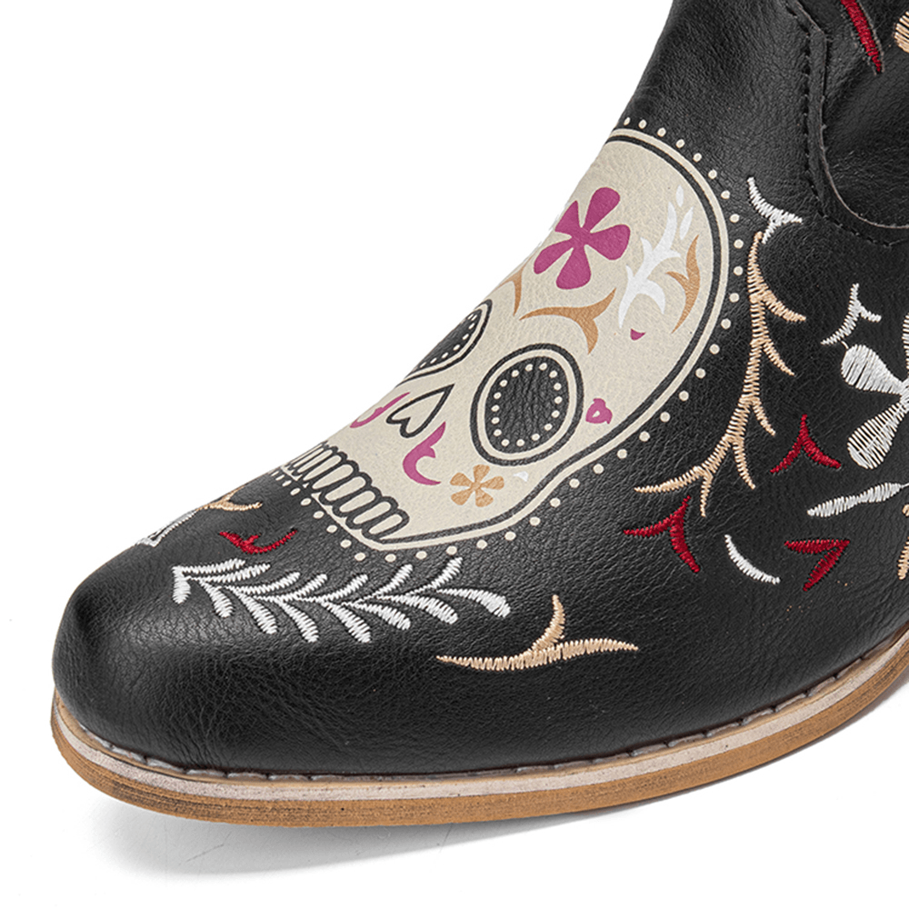 Women Color Kartoon Printed Embroidered Wear Resistant Chunky Heel Mid-Calf Boots