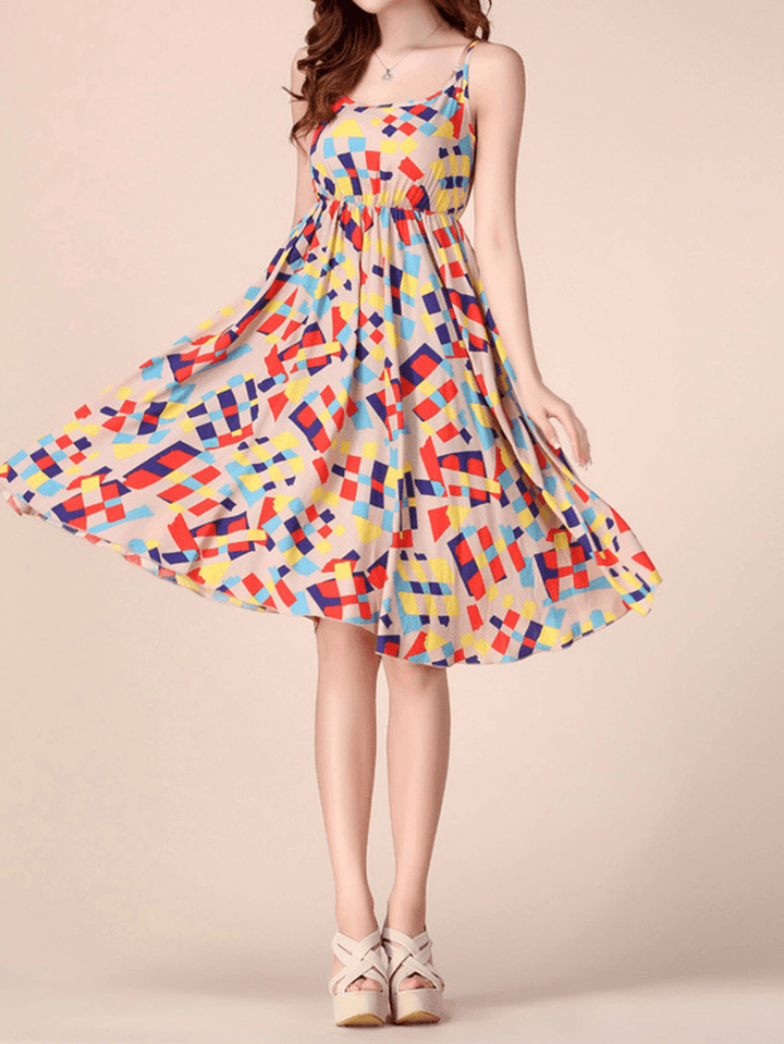 Bohemian Women Strap Flower Pattern Printing Beach A-Line Dress