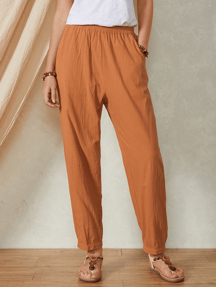 Plain Solid Color Elastic Waist Casual Cotton Women Pants