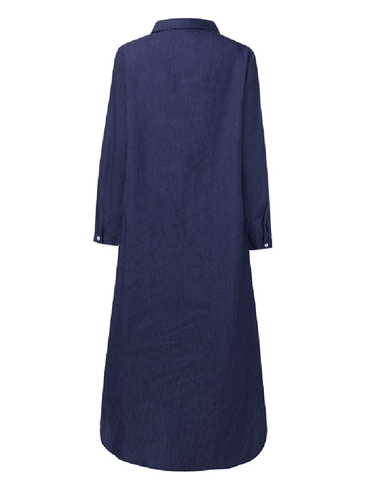 Casual Loose Button Front Irregular Split Hem Denim Maxi Shirt Dress with Front Pockets