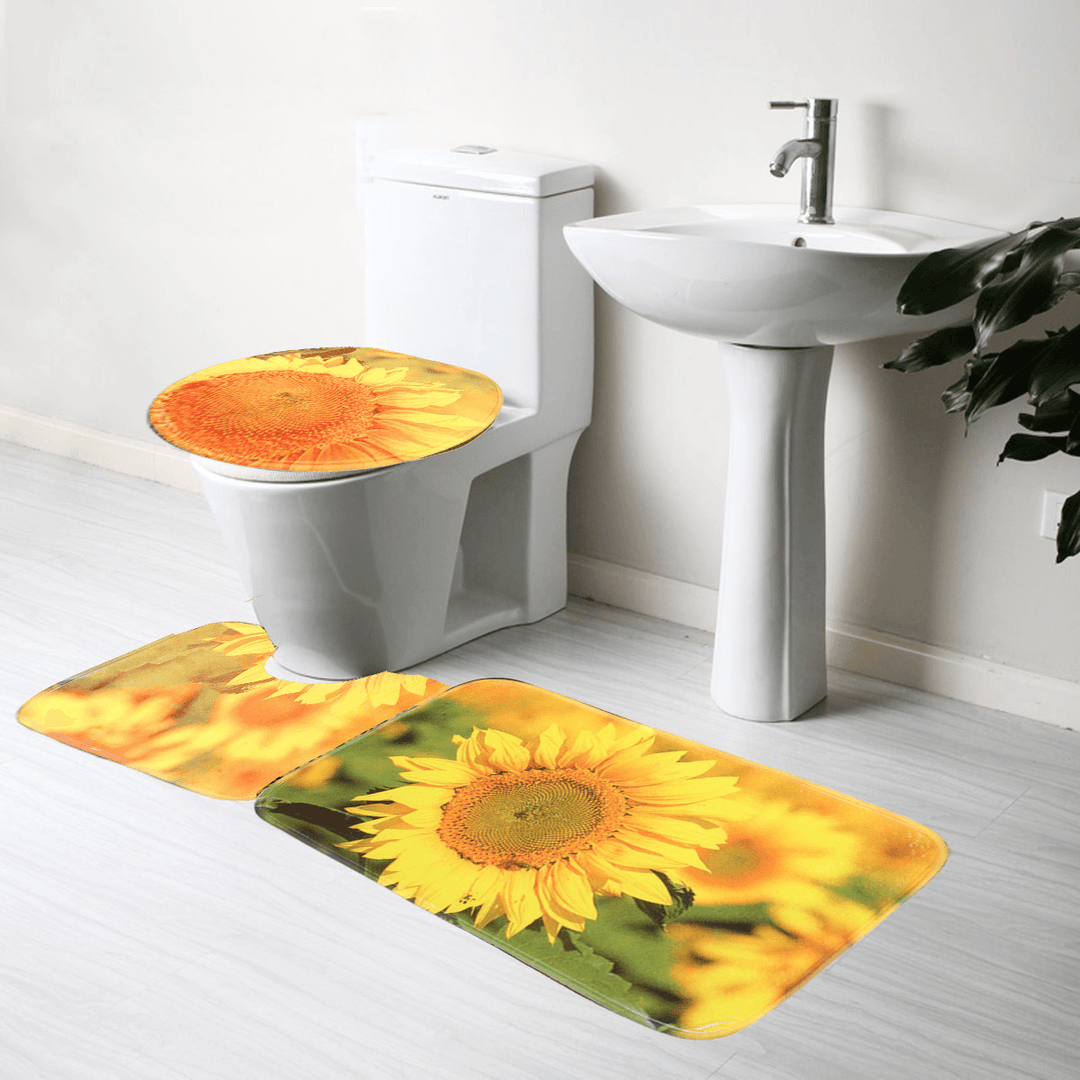 3Pcs/Set Yellow Sunflower Non-Slip Bathroom Pedestal Rug Lid Toilet Cover Bath Mat Floor Carpet Home Decor