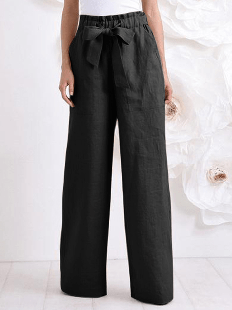 Women Cotton High Drawstring Elastic Waist Loose Solid Wide Leg Pants