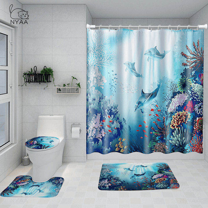 Printed Ocean World Whale Waterproof Bathroom Shower Curtain Toilet Mat Set