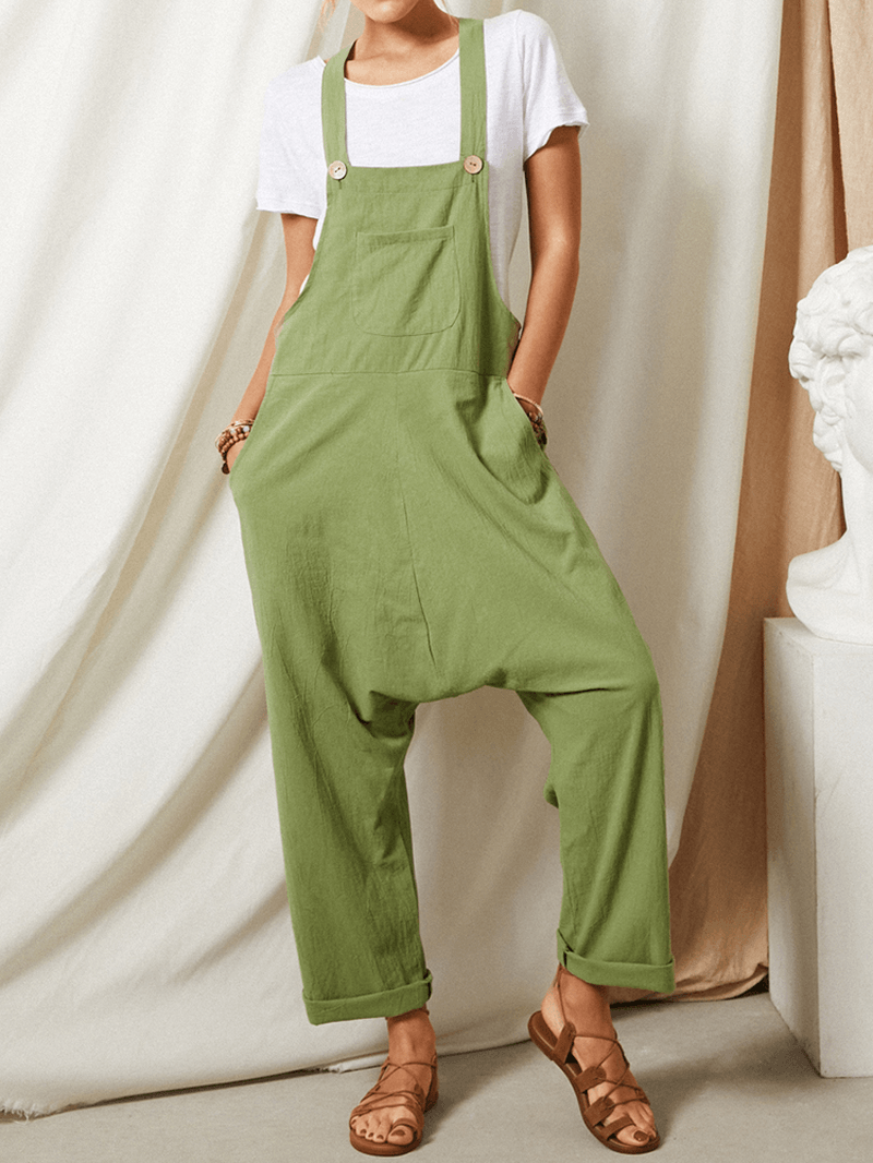 Solid Color Strap Button Pocket Sleeveless Loose Casual Harem Jumpsuit