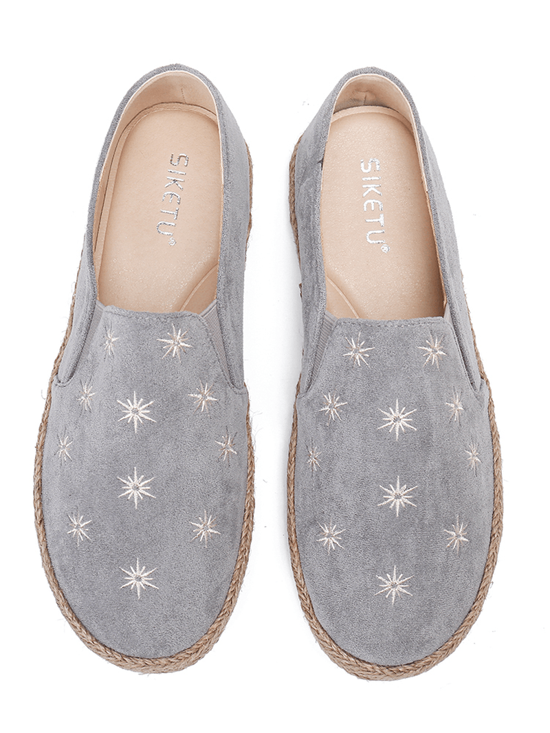 Women Casual Suede round Toe Star Embroidered Espadrilles Fisherman'S Flats Loafers