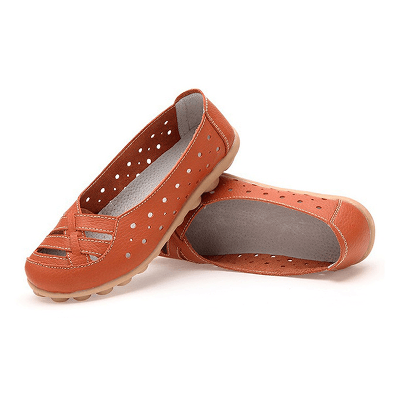 Women Flats Shoes Comfortable Soft Slip on Hollow Out Leather Casual Flat Loafers Shoes - MRSLM