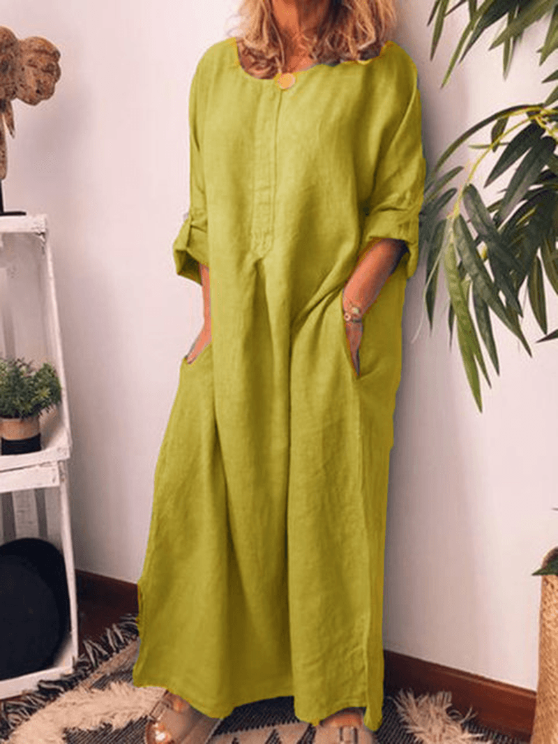 Women Solid Color Adjustable Sleeve Split Hem Dress