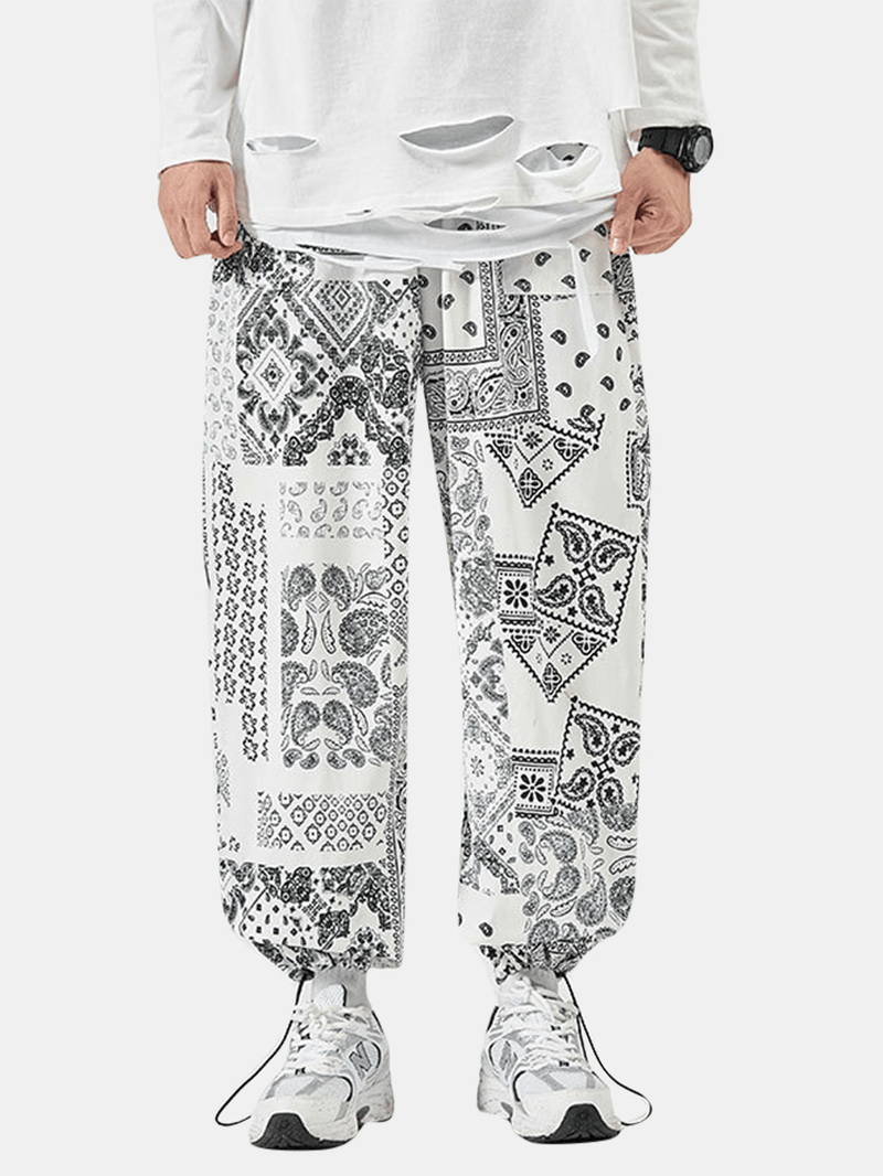 Mens Paisley Ethnic Print Cotton Relaxed Fit Drawstring Cuff Pants