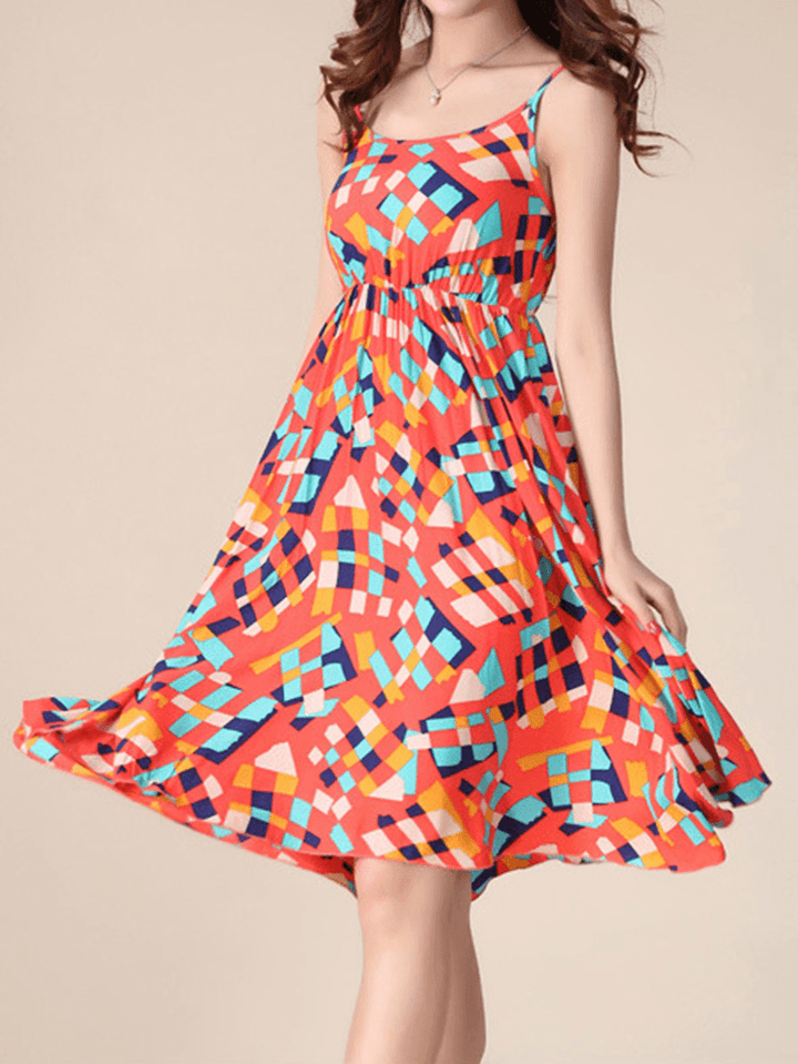 Bohemian Women Strap Flower Pattern Printing Beach A-Line Dress