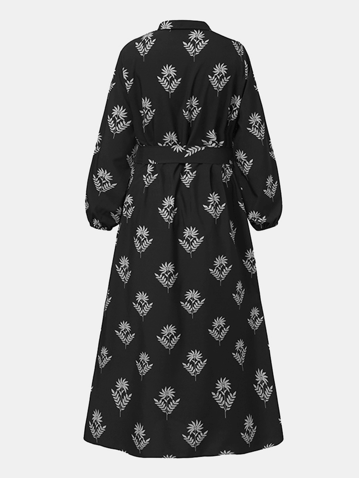 Women Floral Print Lapel Puff Sleeve Kaftan Maxi Dress with Belted