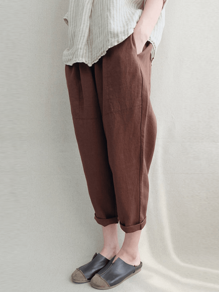 Women Vintage High Elastic Waist Solid Loose Cotton Harem Pants