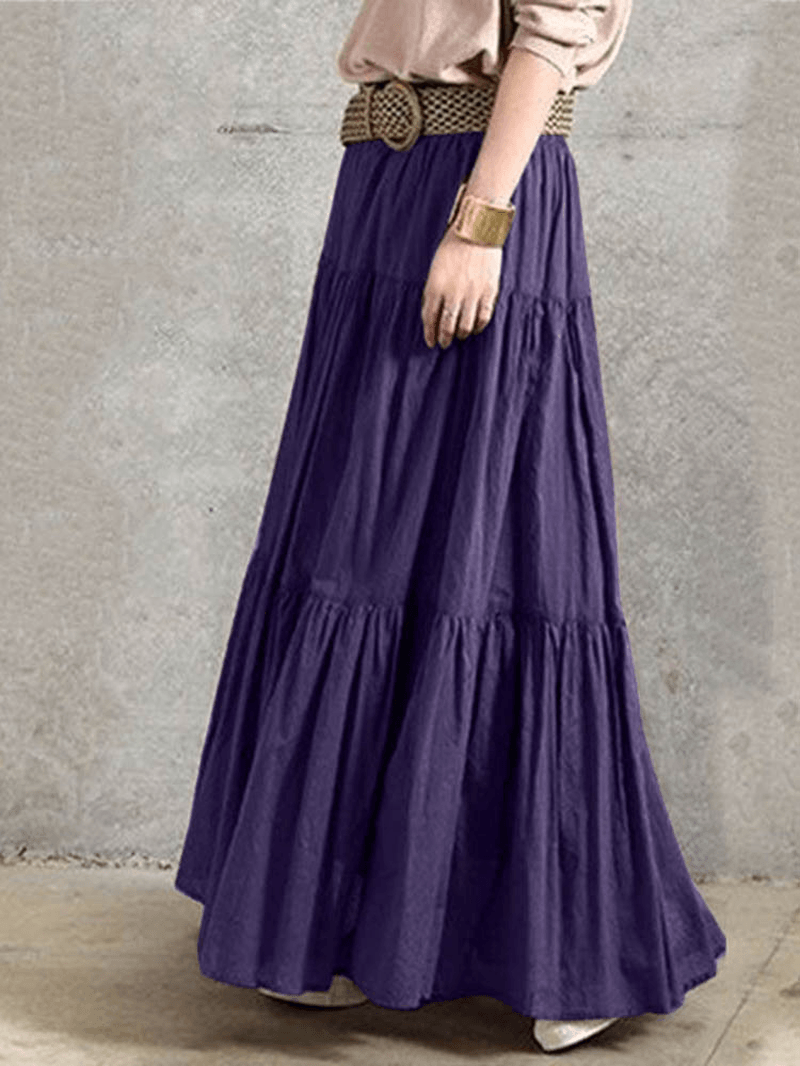 Solid Color Big Swing Elastic Waist Pleated Casual Long Skirt for Women