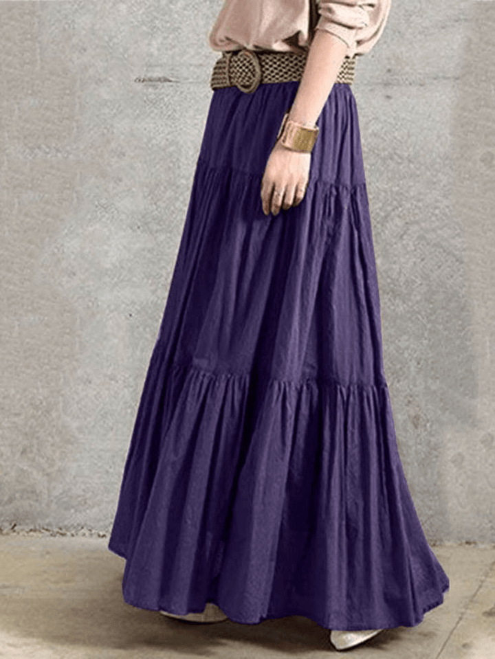 Solid Color Big Swing Elastic Waist Pleated Casual Long Skirt for Women