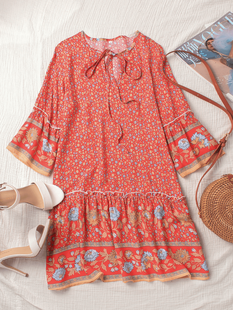 Bohemian Floral Print V Neck Summer Beach Mini Dress - MRSLM