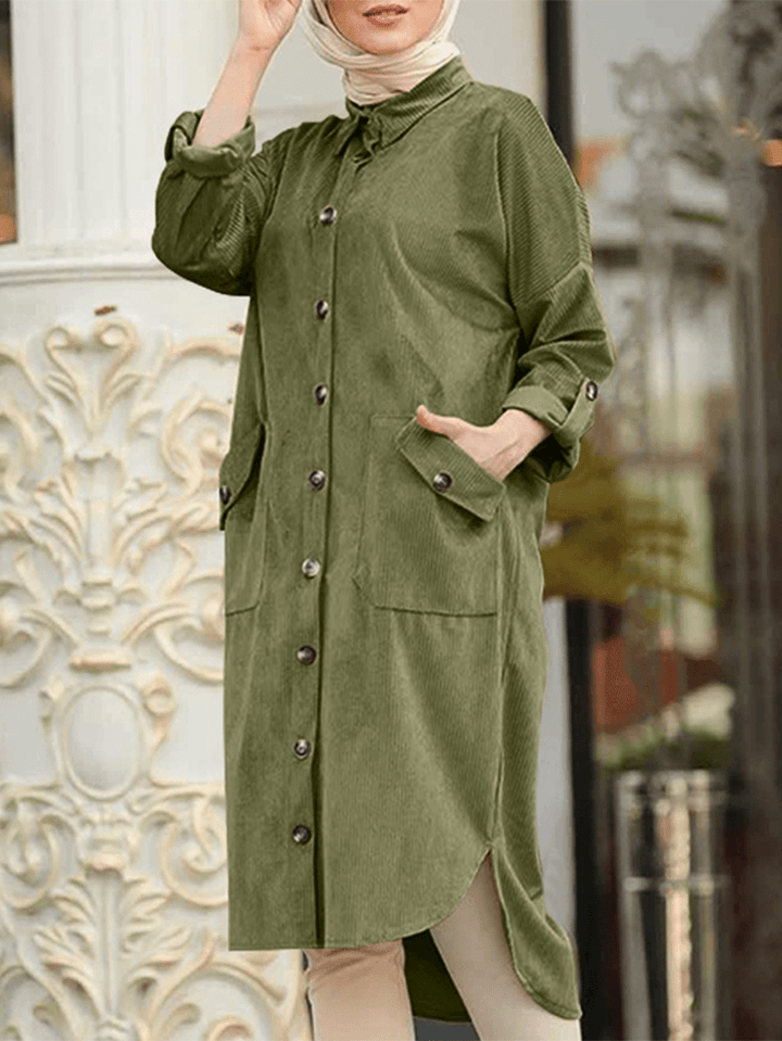 Women Corduroy Solid Moslem Style Collared Raglan Button Front High Low Dress