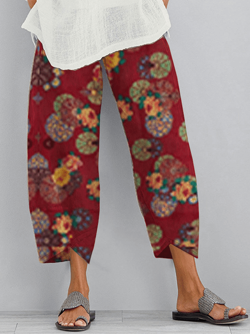 Ethnic Floral Print Elastic Side Pocket Irregular Casual Pants for Women