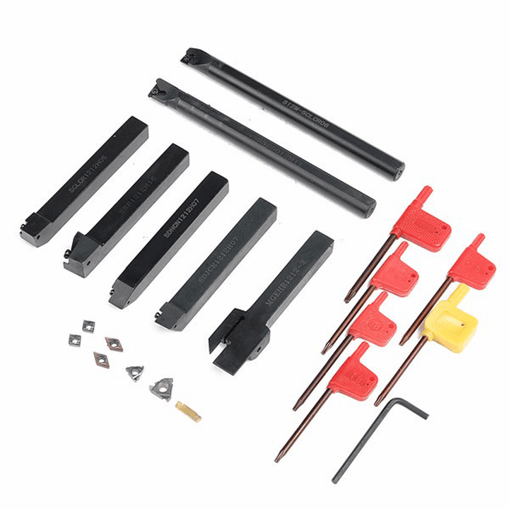 7Pcs 12Mm Shank Lathe Turning Tool Holder Boring Bar with 7Pcs Carbide Insert and Wrench