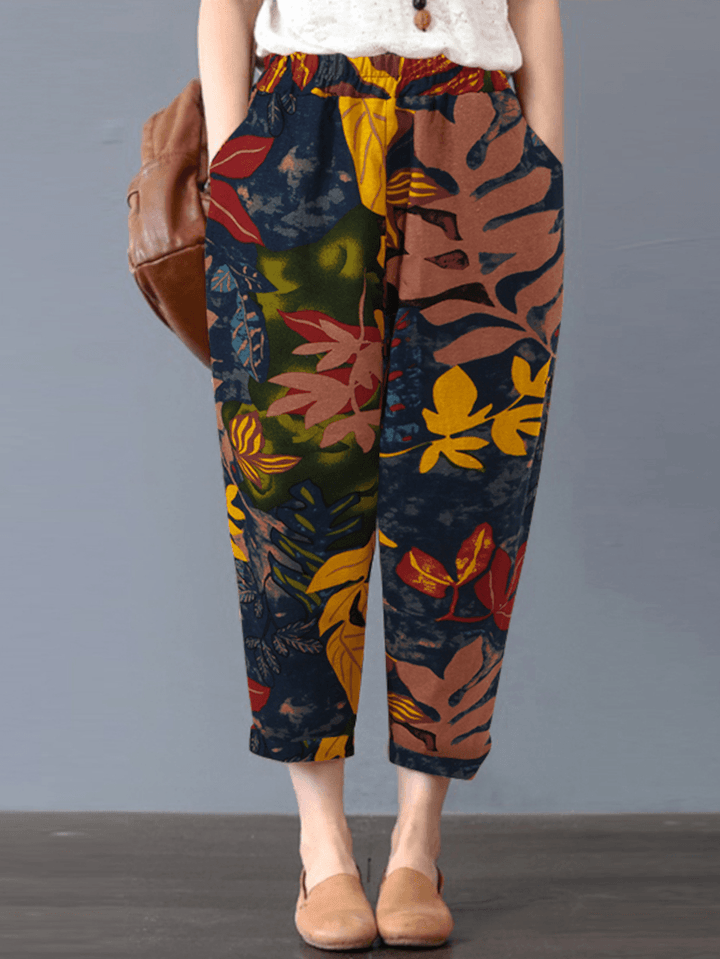 Women Bohemian 100% Cotton Floral Printed Side Pockets Elastic Waist Pants