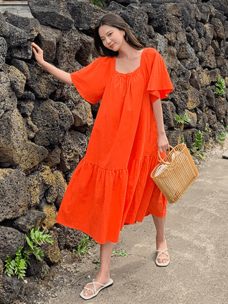 Flare Sleeve Bohemian Square Neck Solid Loose Dress for Women