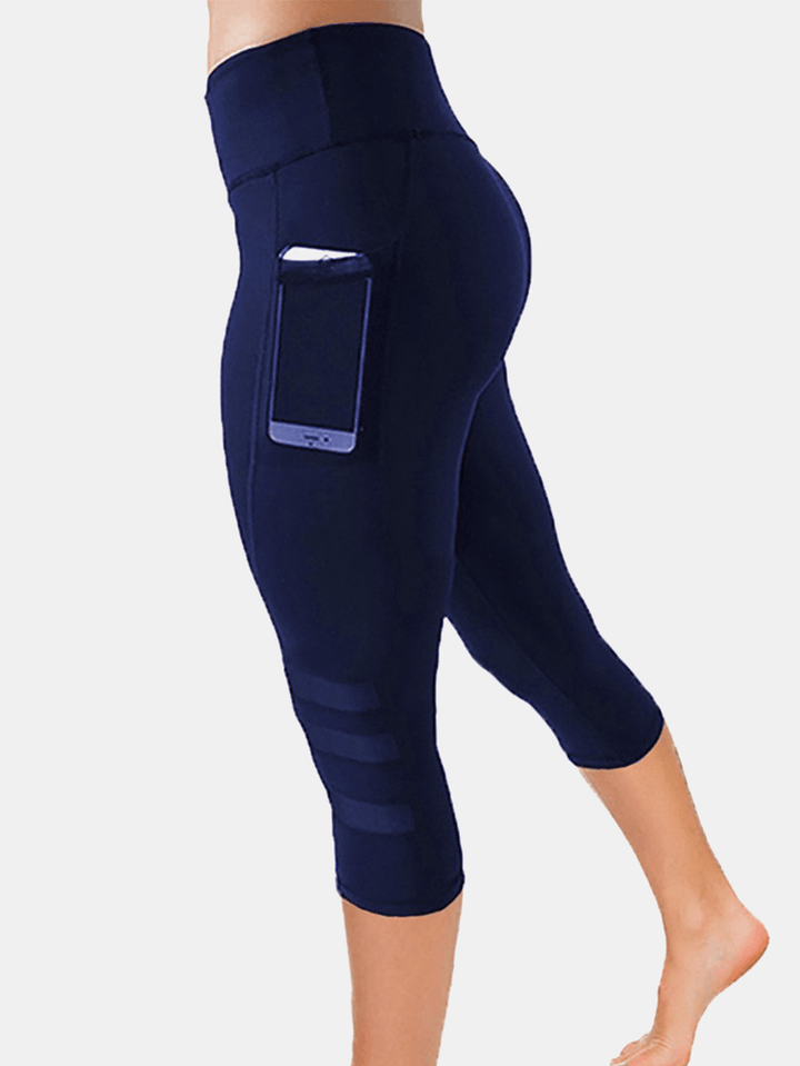 Women Mesh Patchwork Bodycon Cropped Yoga Sport Leggings with Pockets