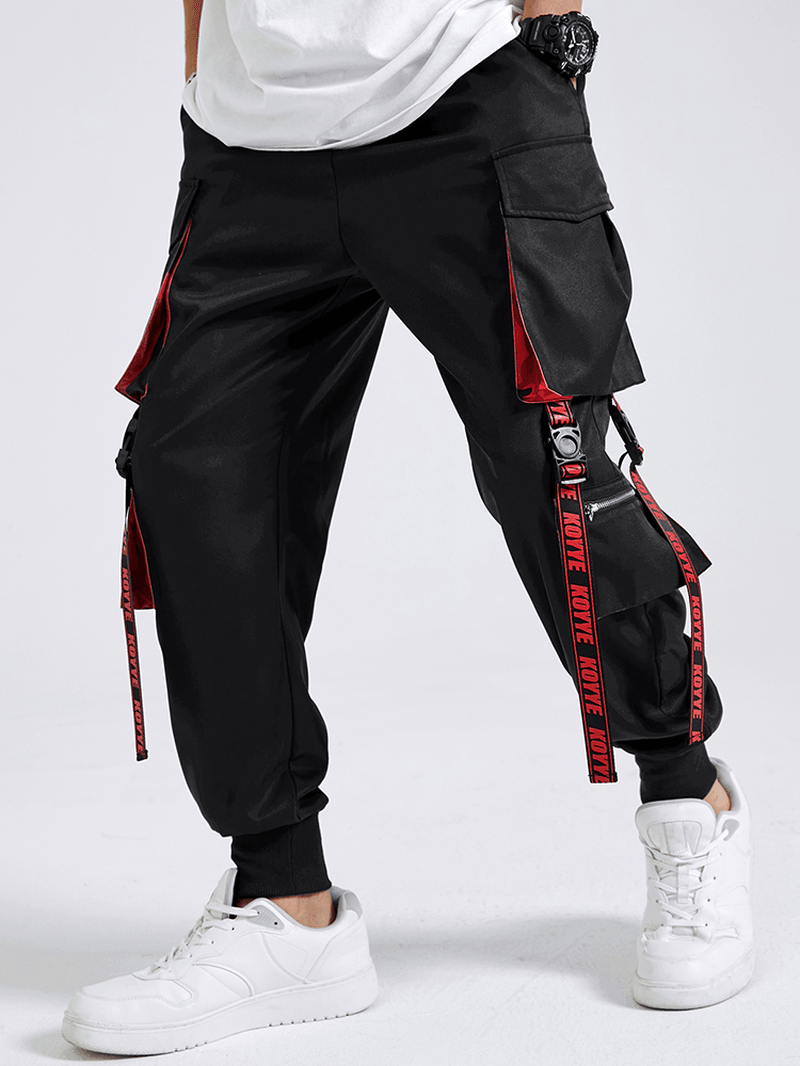 Mens Letter Tape Multi Pockets Fashion Pants