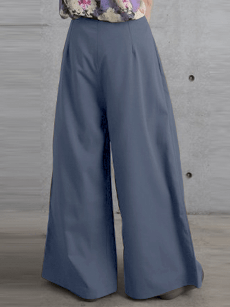 Women Side Zipper Solid Color Casual Wide Leg Pants with Pocket