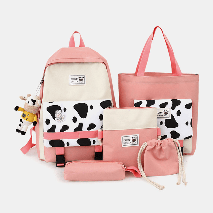 5 PCS Canvas Preppy Cow Pattern Multifunction Combination Bag Backpack Tote Crossbody Bag Clutch Wallet