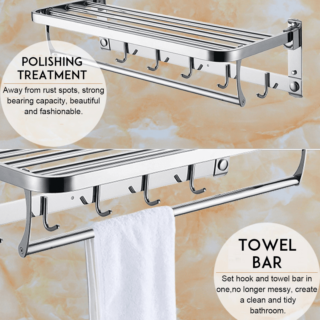 Bakeey 304 Stainless Steel Double Towel Rail Rack Shelf Wall Mounted Bathroom with 5 Hook