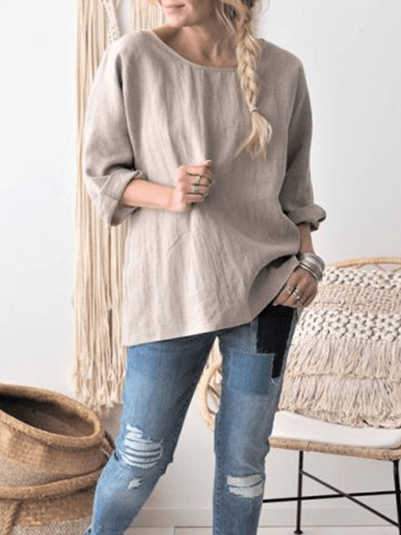 Women round Neck Long Sleeve Solid Color Cotton Blouse