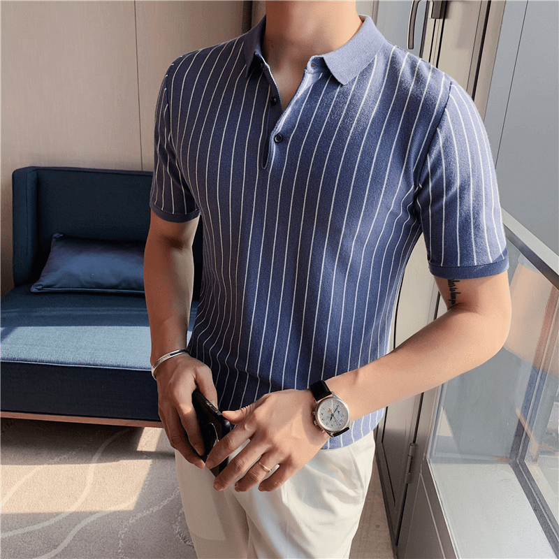 Lapel Tight-Fitting Striped Stretch Short-Sleeved T-Shirt