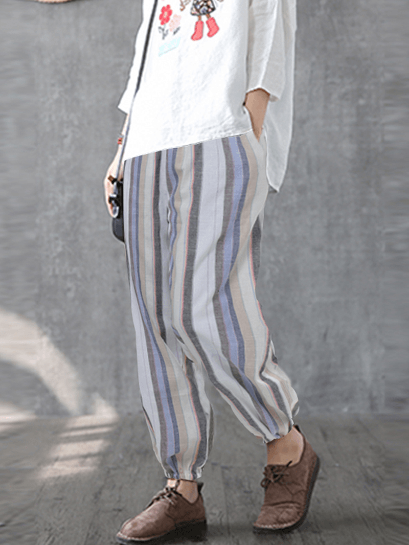 Women Casual Striped Elastic Waist Trousers Pants