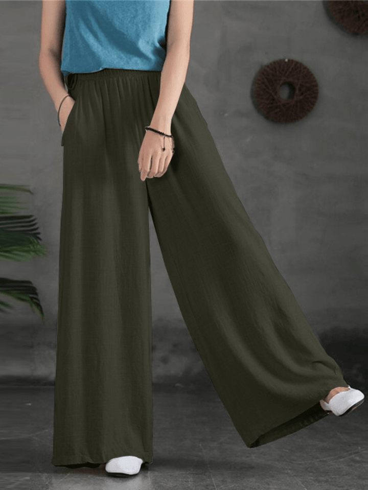 Women Casual Solid Color Side Drawstring Loose Wide Leg Pants with Pockets